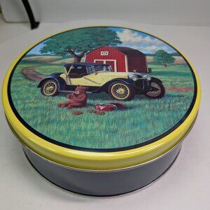 Metal Tin with 1920s-era roadster, Stutz Bearcat Car, Barn & Bear w cookies #2
